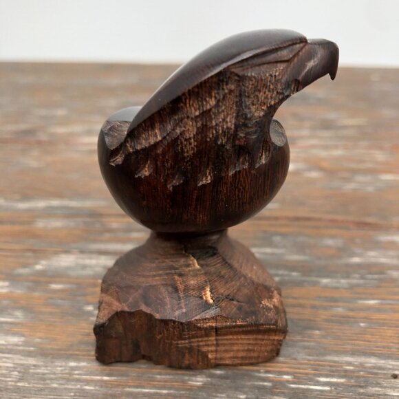 Vintage Hand Carved Ironwood Eagle On Pedestal Statue Falcon Bird Of Pray 3.5" - Picture 5 of 8